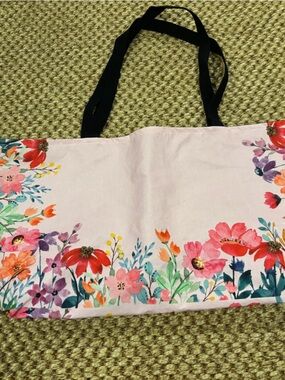 Floral Print Pink Tote Bag with Black Straps - blank not personalized